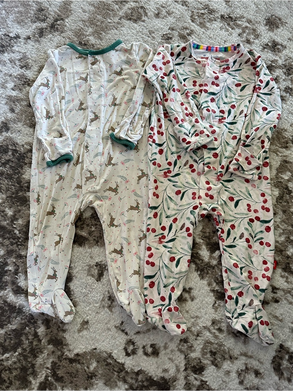 Magnetic Me Baby Footed Pajama Set - Ivory with Green Trim & Cherry Print